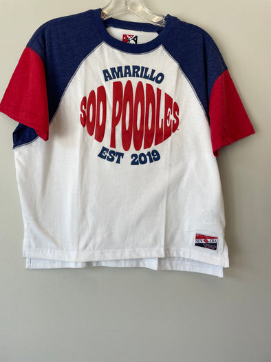 Amarillo Sod Poodles NE Women's Red, Royal, and Red  Crop Game Tee