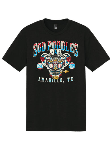 Amarillo Sod Poodles Black Game Sugar Skull Tee