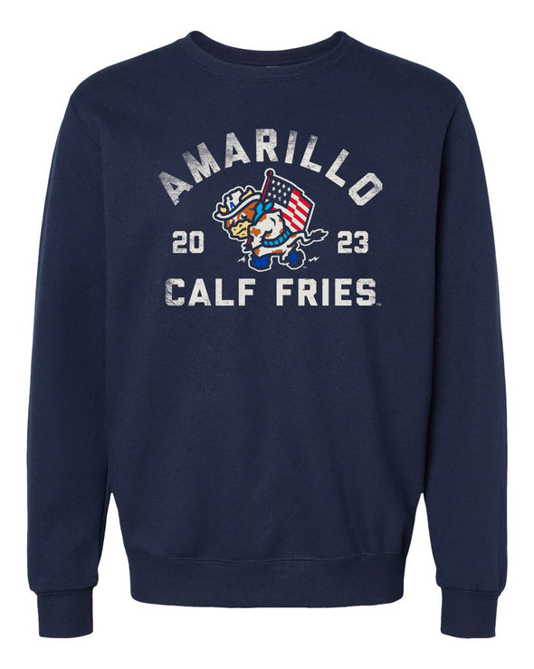 Amarillo Calf Fries Navy Waving Flag Crewneck