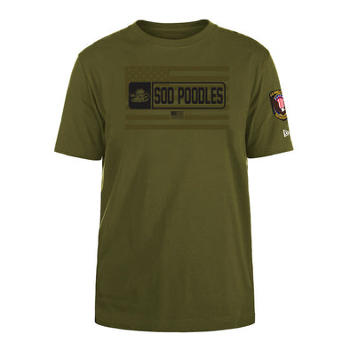 Amarillo Sod Poodles New Era 2023 Armed Forces Green Game Tee